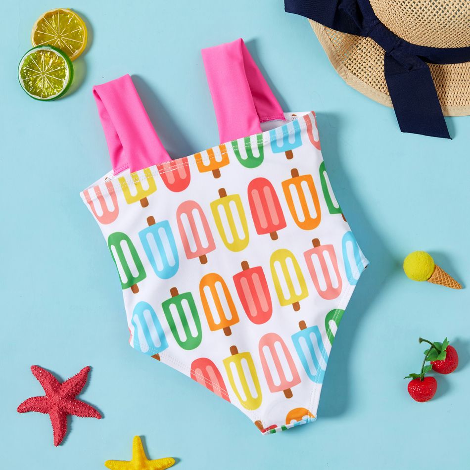 Baby Girl Allover Colorful Popsicle Print Bow Front One-piece Swimsuit Pink big image 2