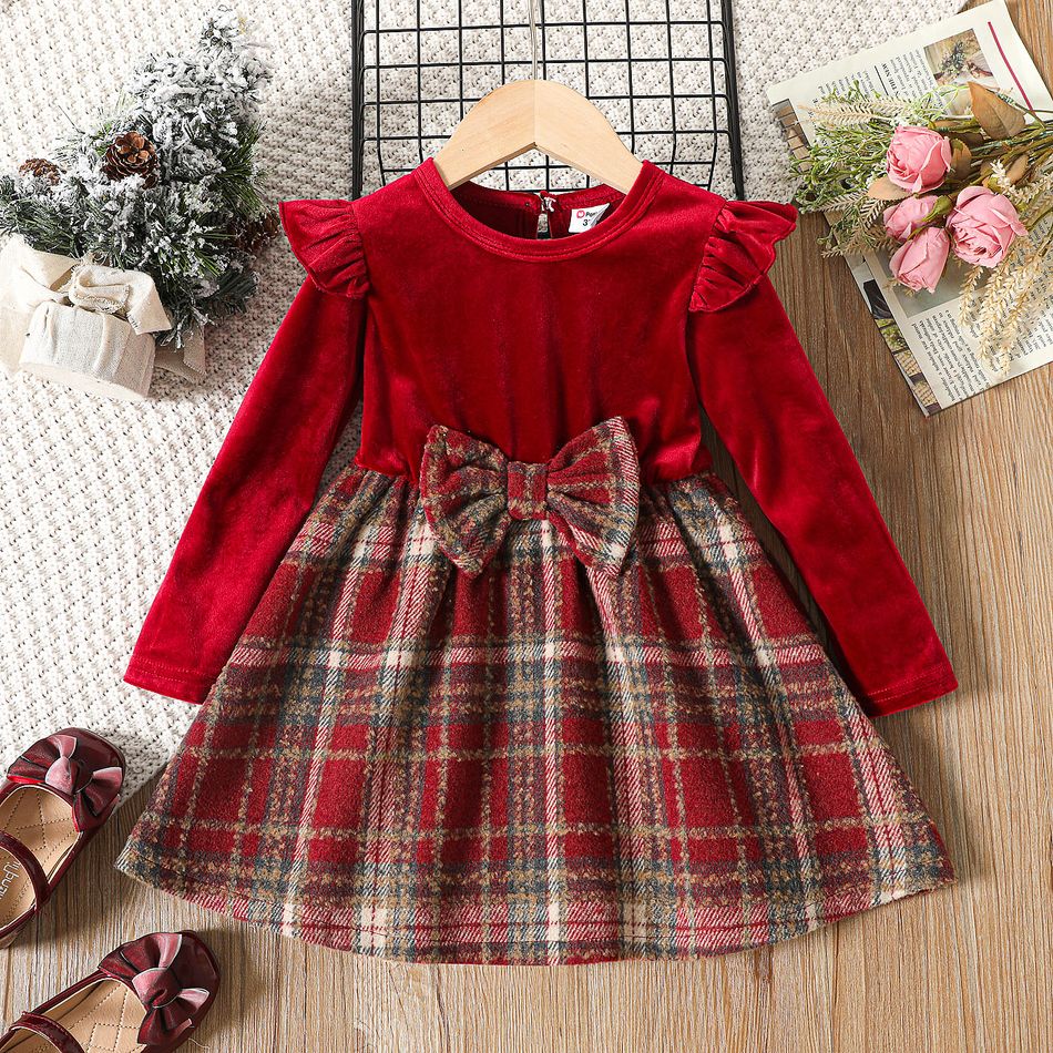 Toddler Girl Velvet Plaid Splice Bowknot Design Long-sleeve Dress Red big image 1