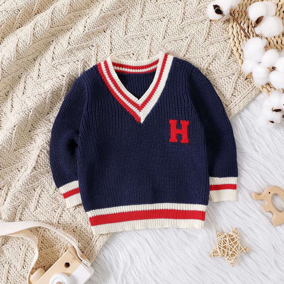 Baby Boy Letter Embroidered V Neck Long-sleeve Knitted Pullover Sweater Dark Blue big image 1