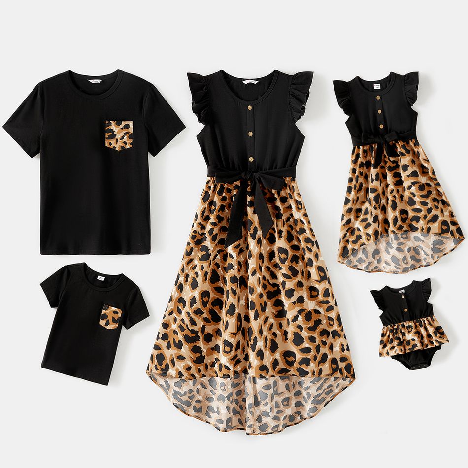 Family Matching Cotton Black Short-sleeve T-shirts and Leopard Print High Low Hem Flutter-sleeve Dresses Sets Black
