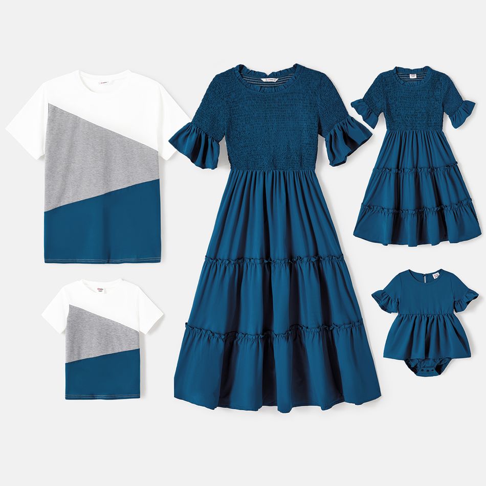 Family Matching Solid Ruffle-sleeve Shirred Tiered Dresses and Colorblock T-shirts Sets Blue