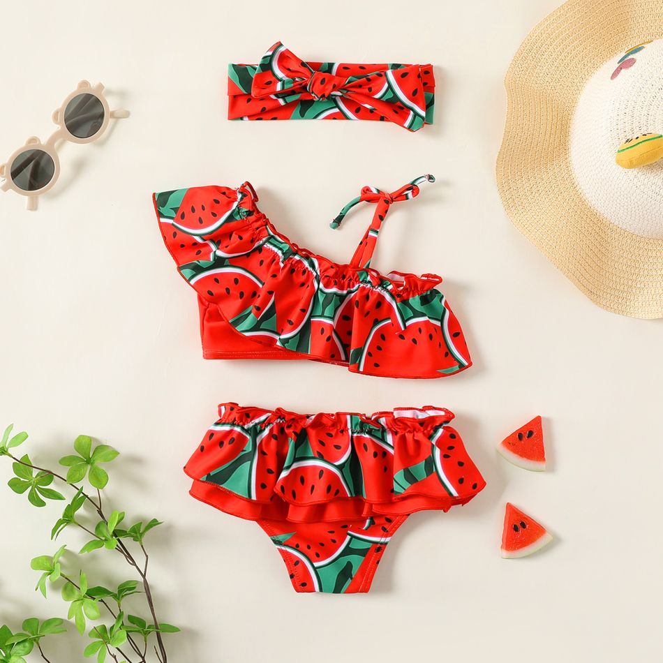 3pcs Baby Girl Watermelon Print Ruffle Trim Swimwear Set Red big image 2