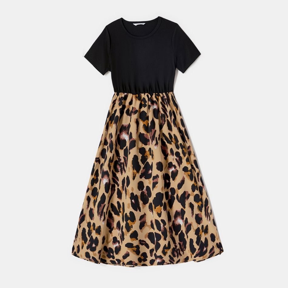Family Matching Leopard Print Spliced Midi Dresses and Black Short-sleeve T-shirts Sets Color block big image 2