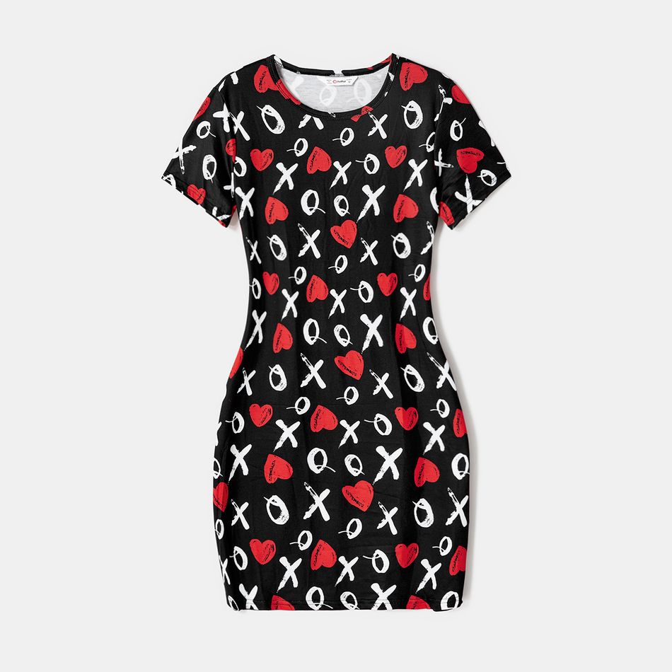 Valentine's Day Family Matching Allover Heart & Letter Print Short-sleeve Dresses and Polo Shirts Sets Black big image 2