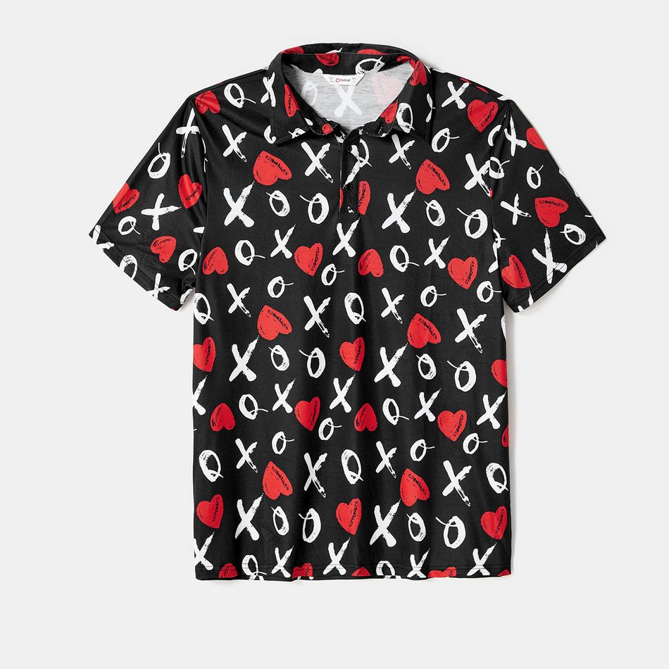 Family Matching Allover Heart & Letter Print Short-sleeve Dresses and Polo Shirts Sets Black big image 3