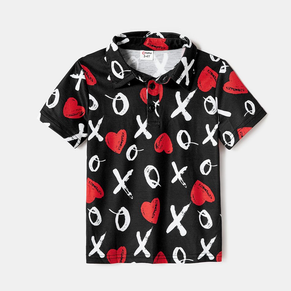Family Matching Allover Heart & Letter Print Short-sleeve Dresses and Polo Shirts Sets Black big image 8
