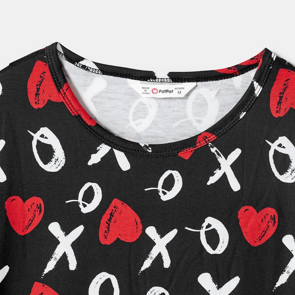 Family Matching Allover Heart & Letter Print Short-sleeve Dresses and Polo Shirts Sets Black