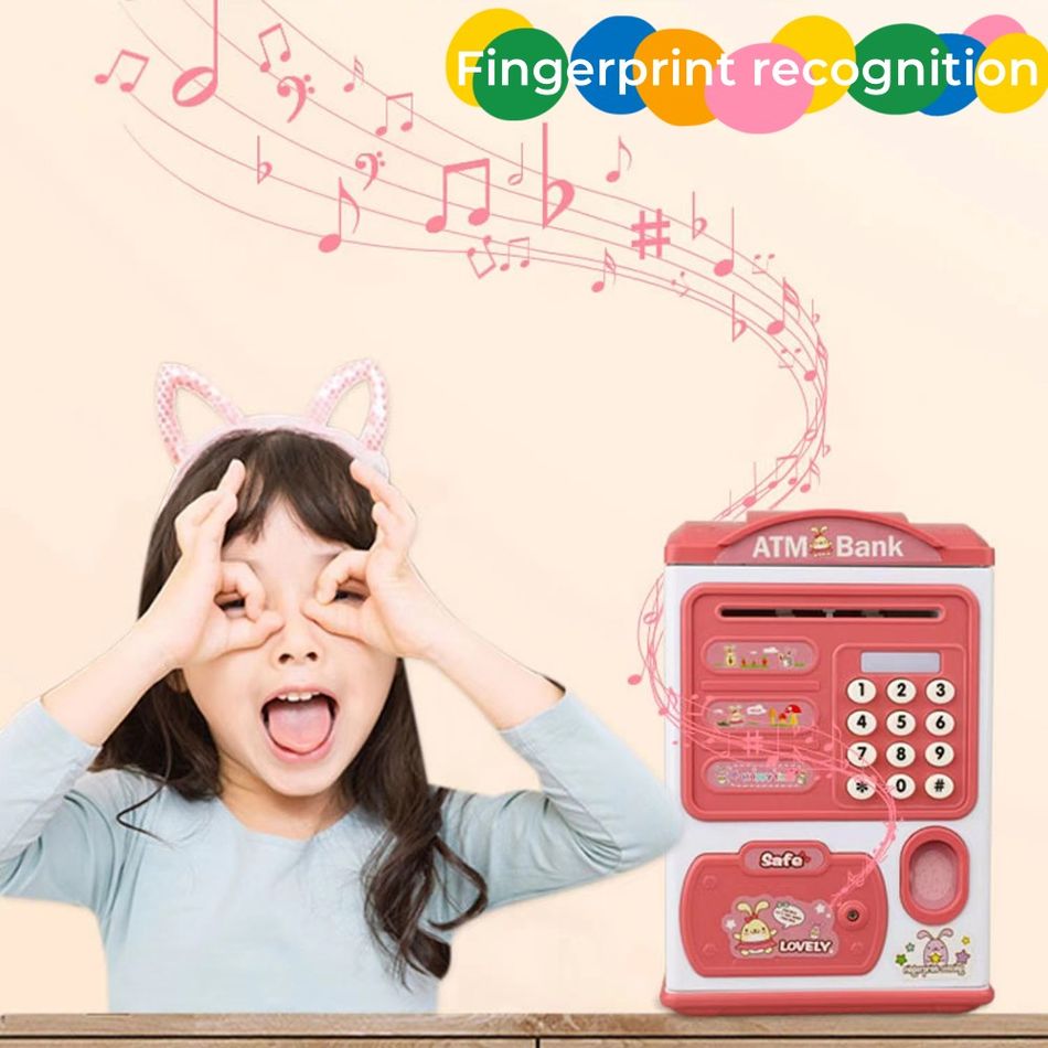 Kids Piggy Bank Electronic Mini ATM Savings Machine with Password & Fingerprint Unlocking Simulation & Music & Chinese-English Bilingual Switch Color-A