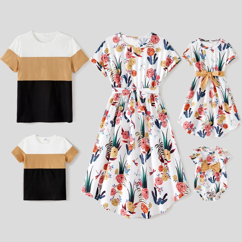 Family Matching Cotton Colorblock T-shirts and Allover Floral Print Short-sleeve Belted Dresses Sets Khaki big image 1