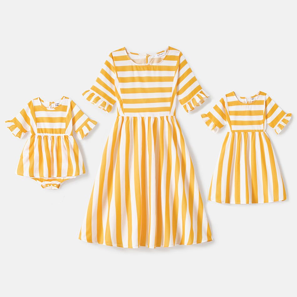 Mommy and Me Yellow Striped Ruffle Trim Short-sleeve A-line Dresses yellowwhite big image 1