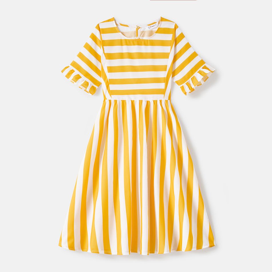 Mommy and Me Yellow Striped Ruffle Trim Short-sleeve A-line Dresses yellowwhite big image 2