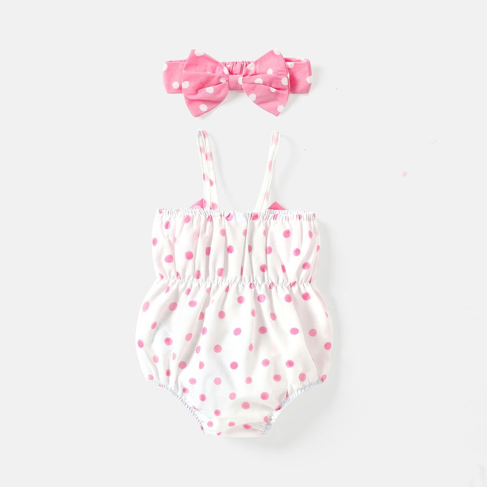 2pcs Baby Girl Polka Dots Print Bow Front Cami Romper & Headband Set Pink big image 2