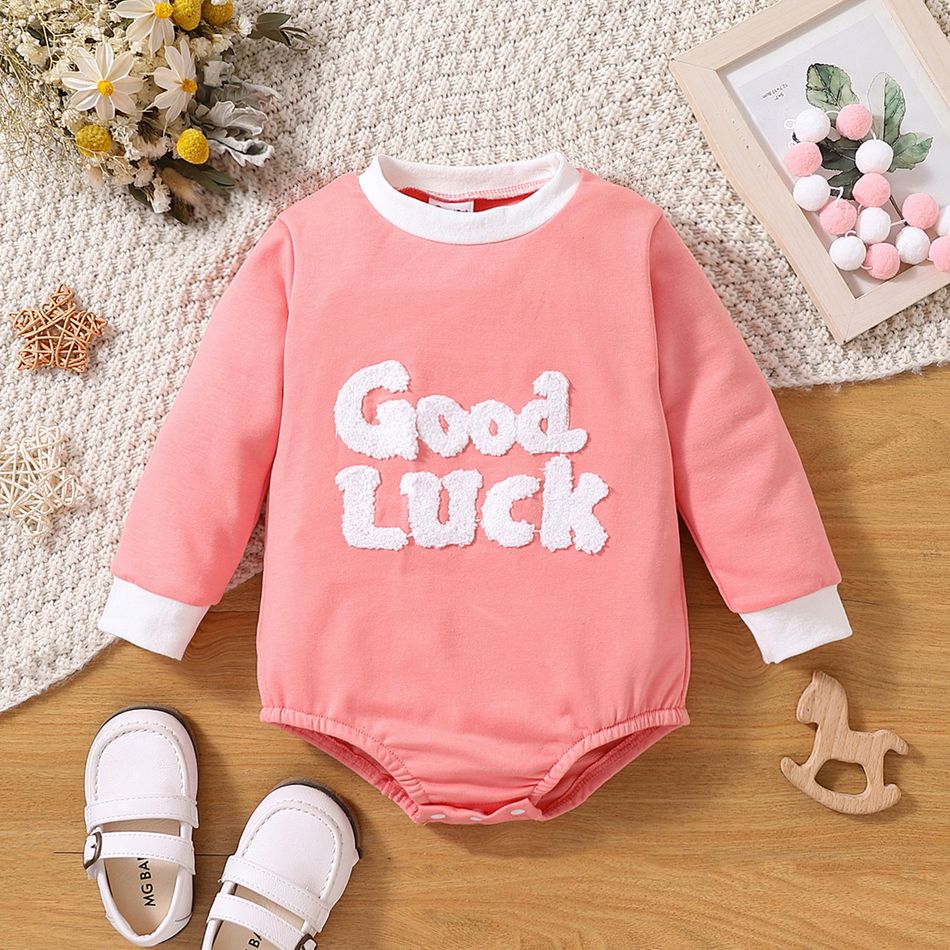 Baby Boy/Girl Letter Embroidered Long-sleeve Romper Pink