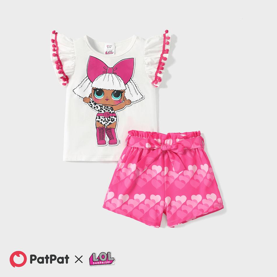L.O.L. SURPRISE! 2pcs Kid Girl Pompom Design Cotton Flutter-sleeve Tee and Heart Print Belted Shorts Set White