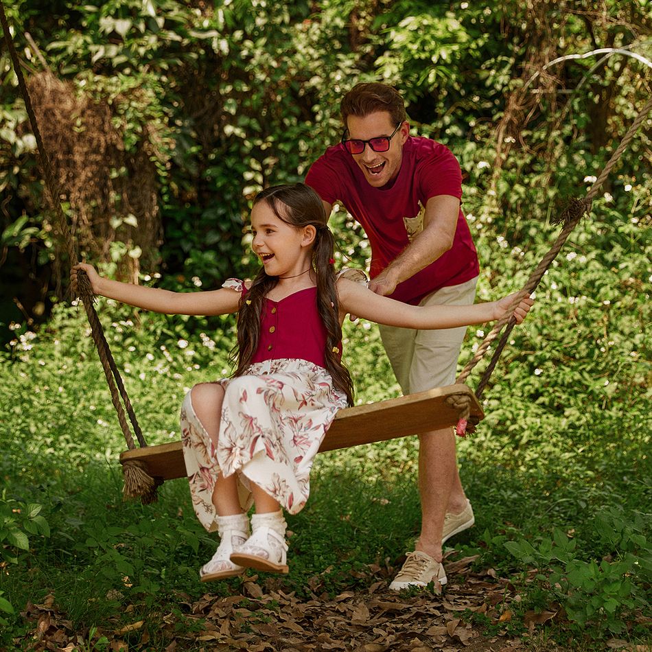 Family Matching Cotton Short-sleeve T-shirts and Floral Print Spliced Cami Dresses Sets WineRed big image 4