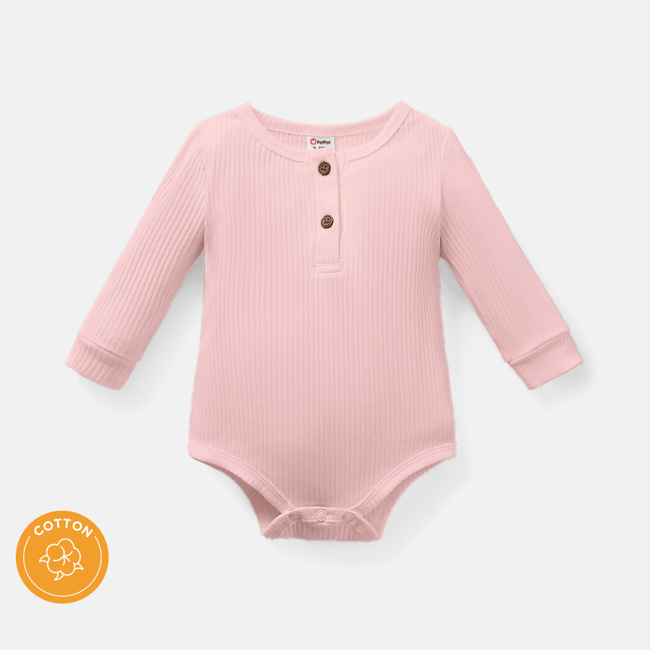 Baby Girl/Boy Cotton Button Design Solid Color Ribbed Long-sleeve Rompers Pink big image 2