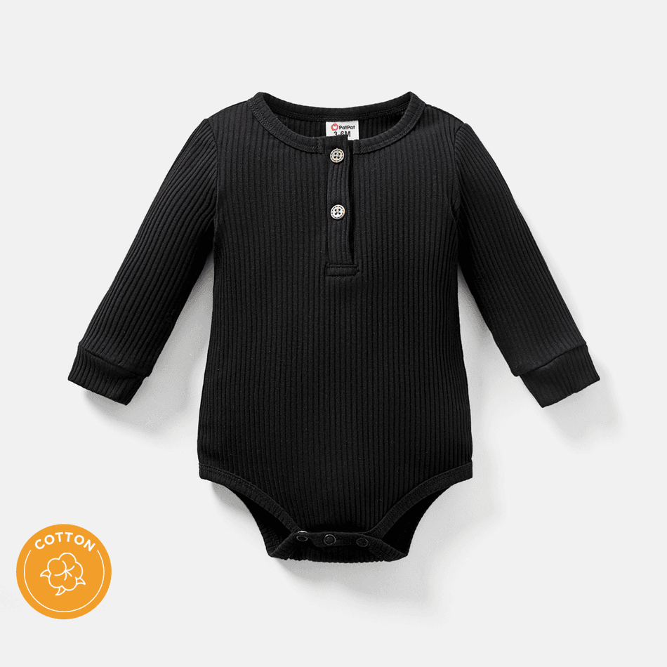 Baby Girl/Boy Cotton Button Design Ribbed Long-sleeve Rompers/ Elasticized Pants Black big image 4