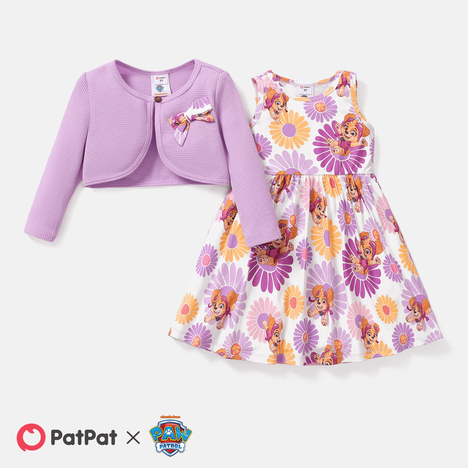 PAW Patrol 2pcs Toddler Girl Naia Floral Print Sleeveless Dress and Bowknot Design Cotton Cardigan Set Purple