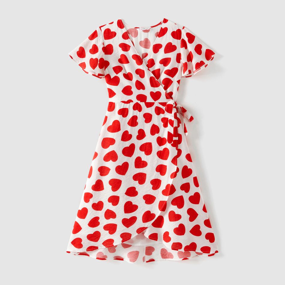 Family Matching 95% Cotton Short-sleeve Colorblock T-shirts and Allover Heart Print Dresses Sets Red big image 2