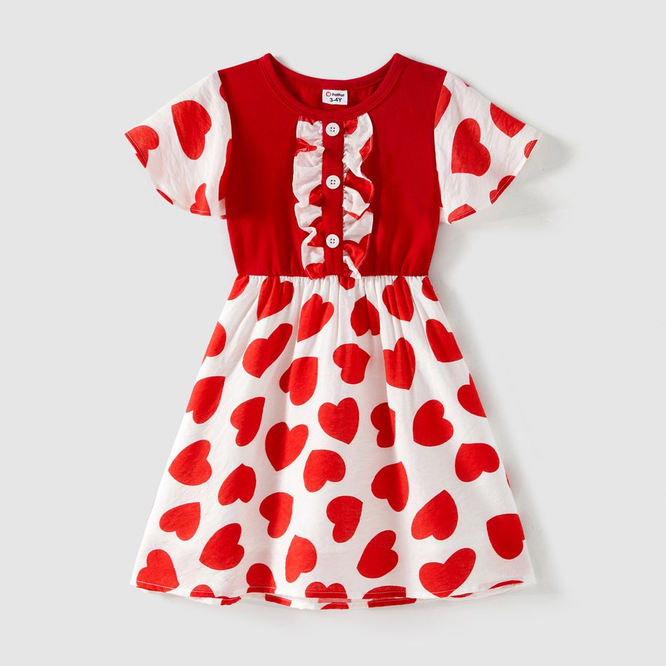 Valentine's Day Family Matching 95% Cotton Short-sleeve Colorblock T-shirts and Allover Heart Print Dresses Sets Red big image 6