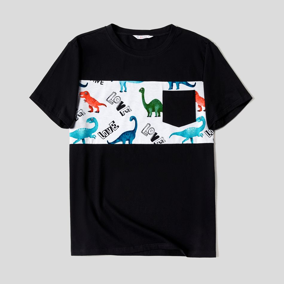 Family Matching Allover Dinosaur Print Drawstring Ruched Bodycon Dresses and Short-sleeve T-shirts Sets BlackandWhite big image 8