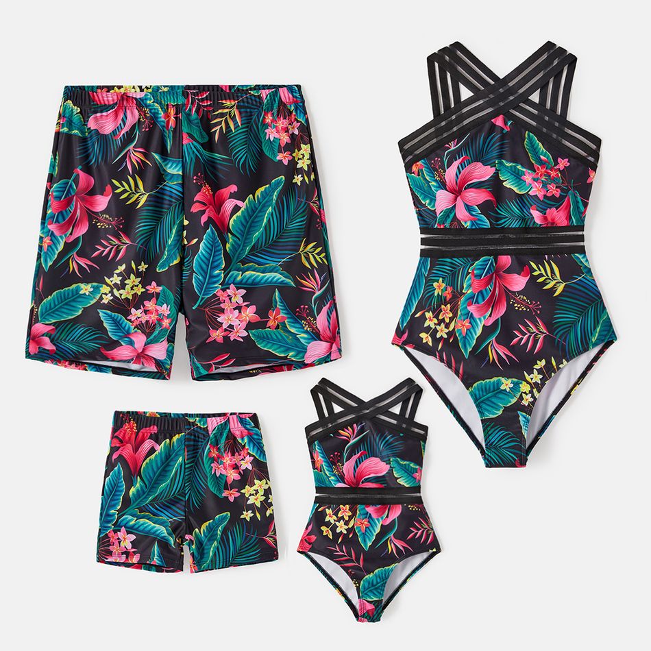 Family Matching Allover Plant Print Crisscross One-Piece Swimsuit and Swim Trunks Black