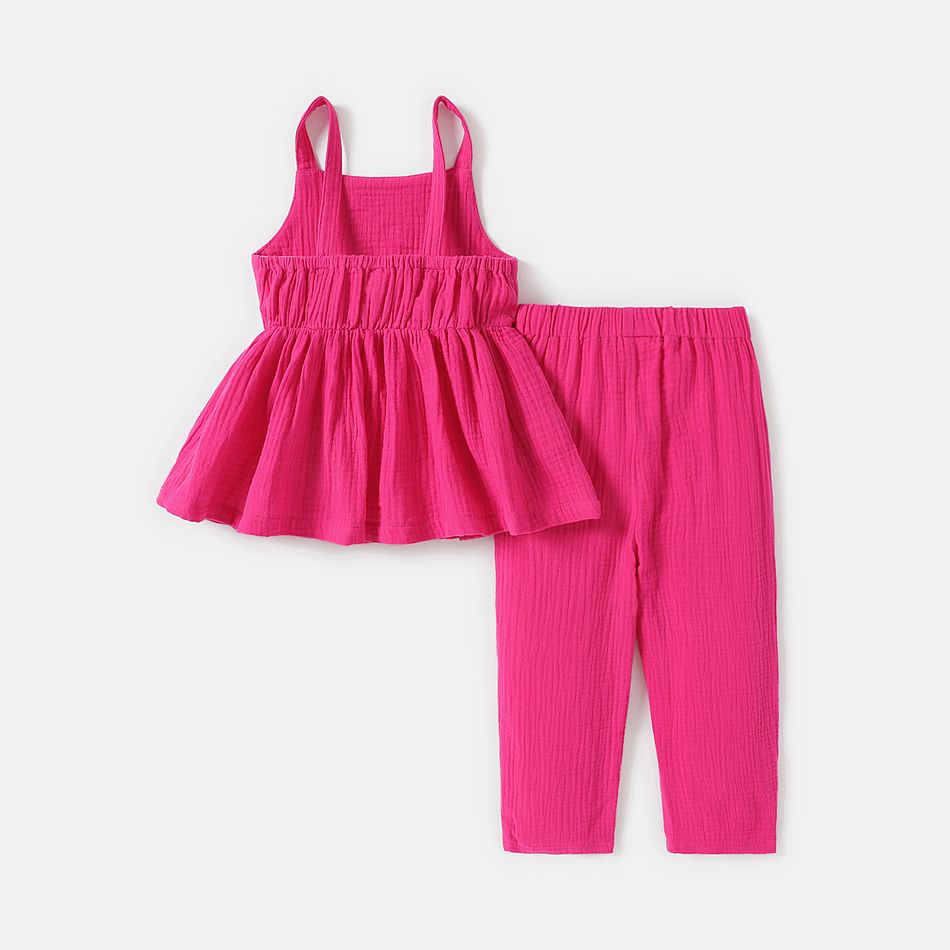 2pcs Toddler Girl 100% Cotton Solid Color Peplum Tank Top and Pants Set Hot Pink big image 2