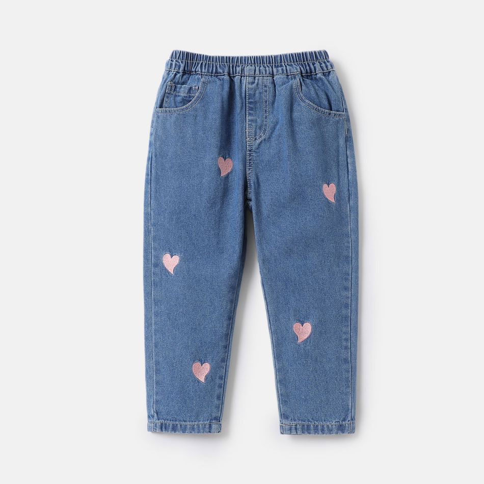 Toddler Girl Heart Embroidered Elasticized Cotton Denim Jeans Blue