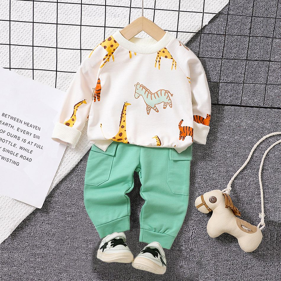 2pcs Baby Boy Allover Dinosaur Print Long-sleeve Sweatshirt & Solid Pants Set LightArmyGreen big image 1