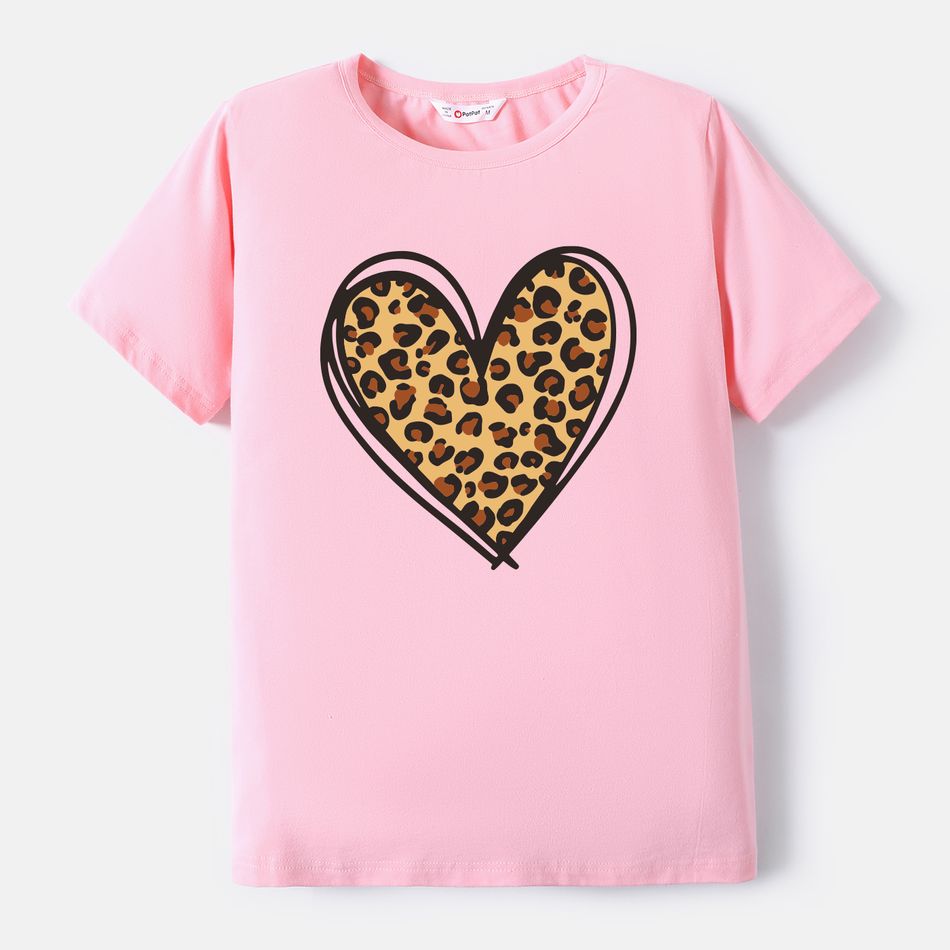 Valentine's Day Mommy and Me 100% Cotton Short-sleeve Leopard Heart Print Tee Pink big image 3