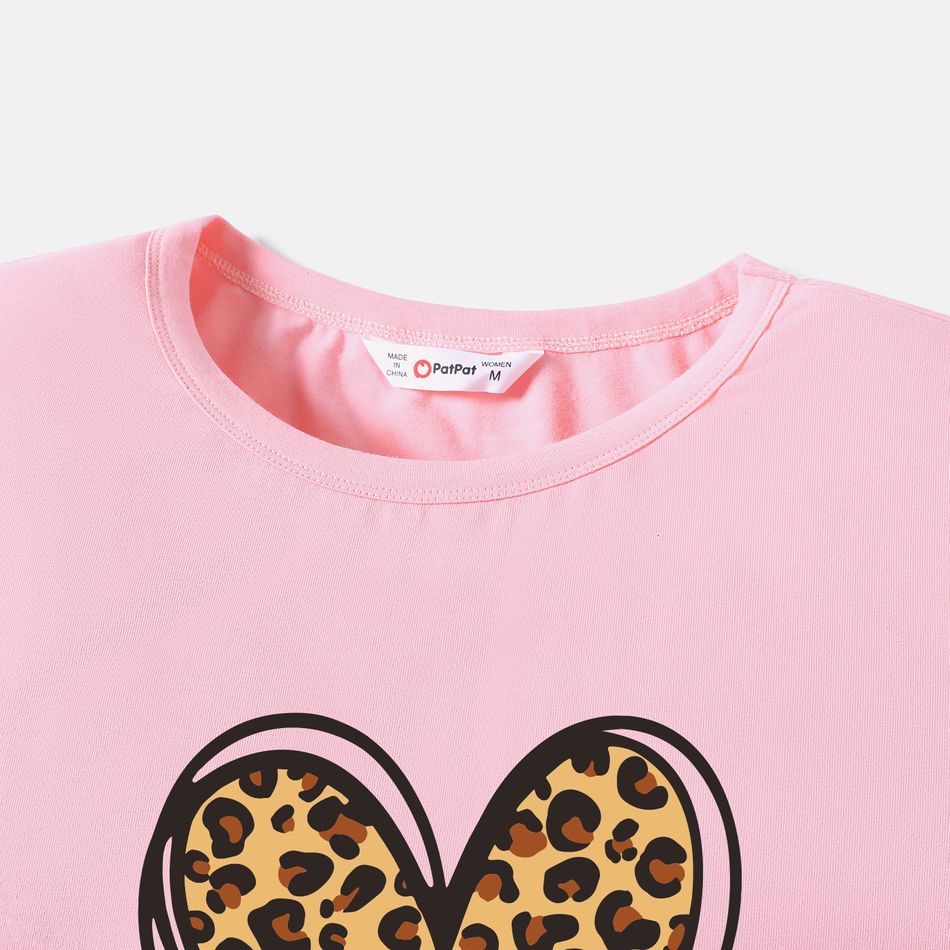 Valentine's Day Mommy and Me 100% Cotton Short-sleeve Leopard Heart Print Tee Pink big image 4