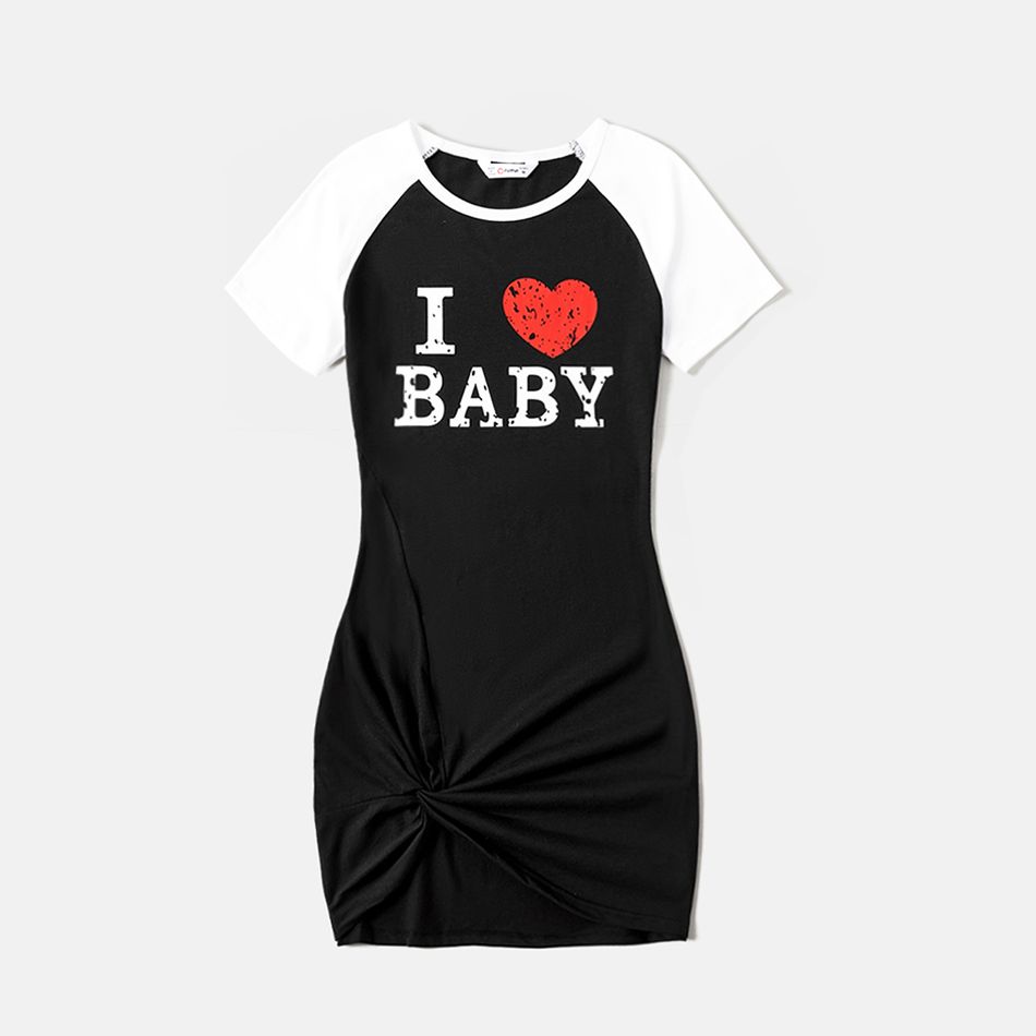Valentine's Day Mommy and Me Cotton Raglan Sleeve Heart & Letter Print Twist Knot Bodycon Dresses BlackandWhite big image 2