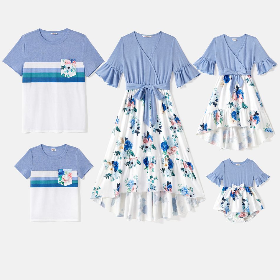 Family Matching Solid Surplice Neck Ruffle-sleeve Spliced Floral Print High Low Hem Dresses and Short-sleeve Striped Colorblock T-shirts Sets ColorBlock