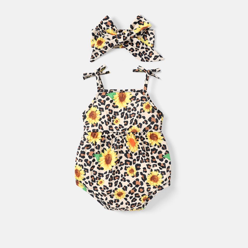 Naia™ 2pcs Baby Girl Sunflower & Leopard Print Cami Romper with Headband Set ColorBlock big image 2