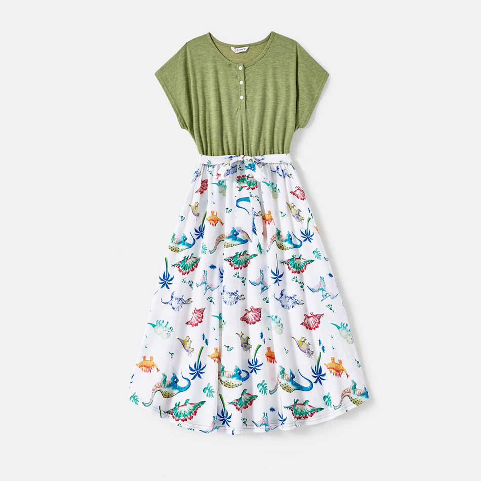 Family Matching Allover Dinosaur Print Belted Spliced Dresses and Short-sleeve T-shirts Sets Colorful big image 3