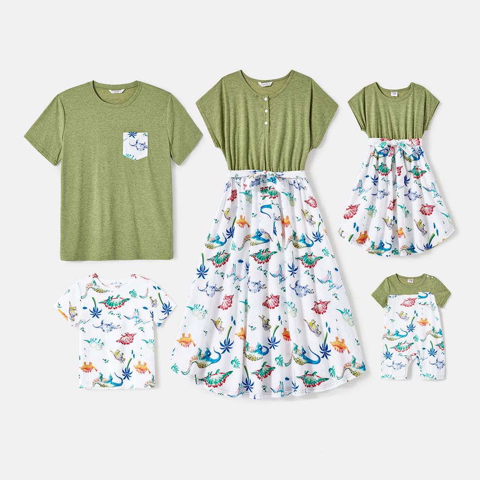 Family Matching Allover Dinosaur Print Belted Spliced Dresses and Short-sleeve T-shirts Sets Colorful big image 1