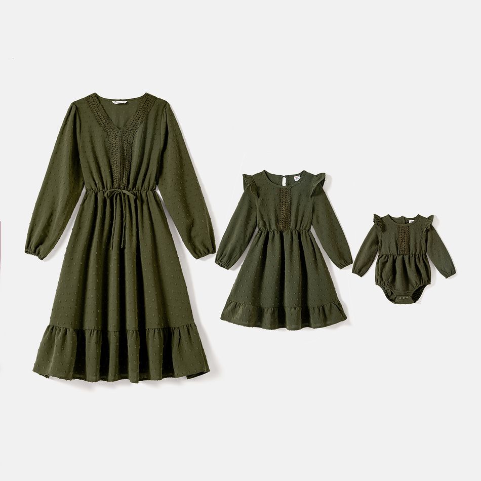 Mommy and Me Solid Swiss Dot Lace Detail Ruffle Hem Long-sleeve Dresses Army green big image 1