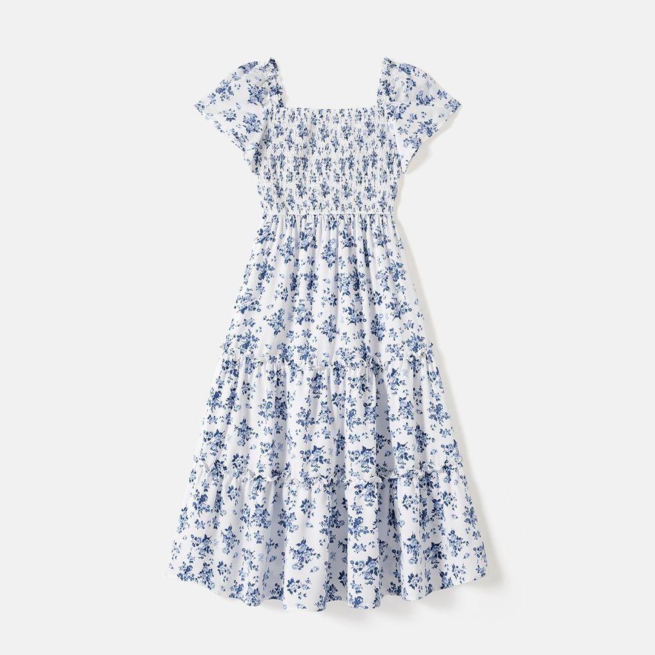 Family Matching Allover Floral Print Shirred Tiered Dresses and Short-sleeve Colorblock T-shirts Sets BLUE WHITE big image 2