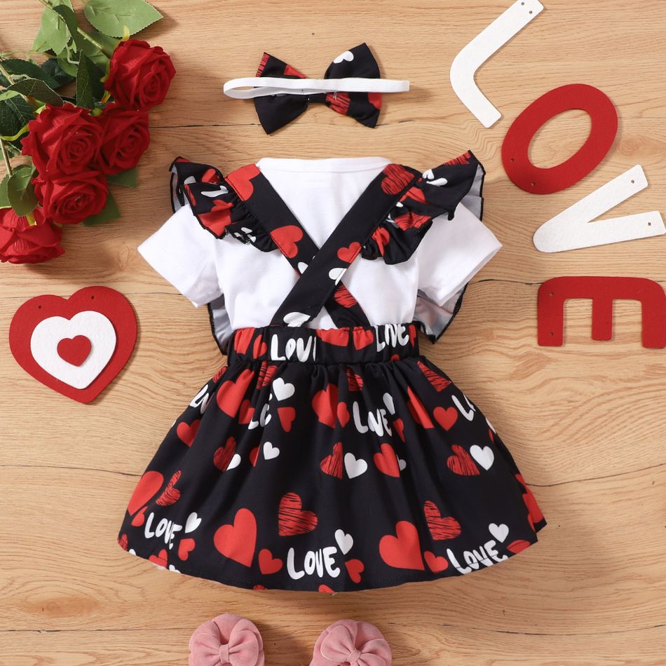 3pcs Baby Girl Allover Heart & Letter Print Ruffle Trim Suspender Skirt and Solid Short-sleeve Romper with Headband Set Black big image 2