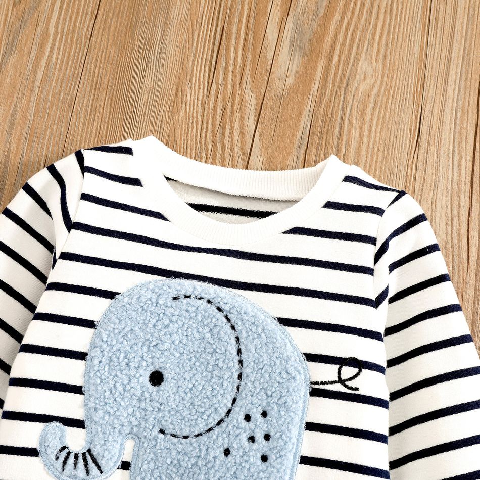 2pcs Baby Boy 95% Cotton Long-sleeve Elephant Embroidered Striped Sweatshirt & Jeans Set DENIMBLUE big image 3