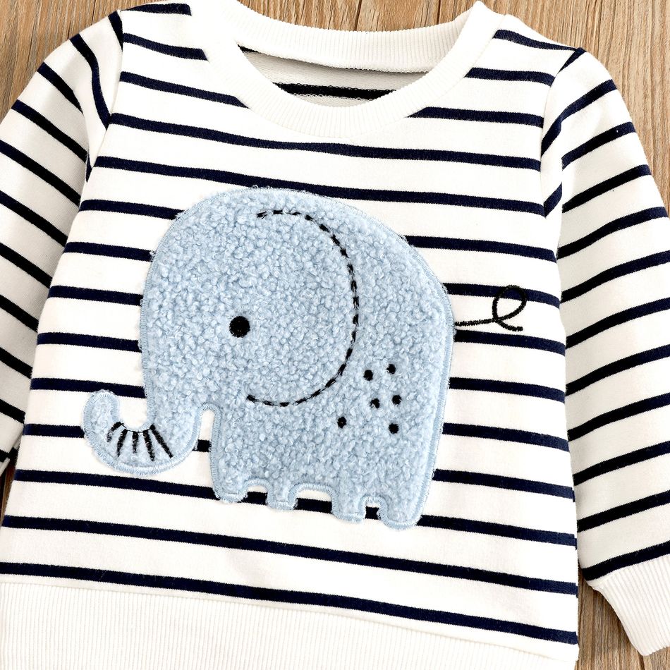 2pcs Baby Boy 95% Cotton Long-sleeve Elephant Embroidered Striped Sweatshirt & Jeans Set DENIMBLUE big image 4
