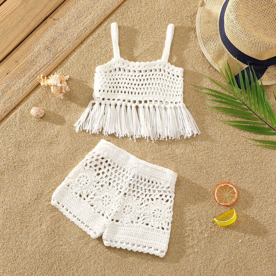 2pcs Baby Girl Hollow Out Crochet Fringed Cami Top & Shorts Set White