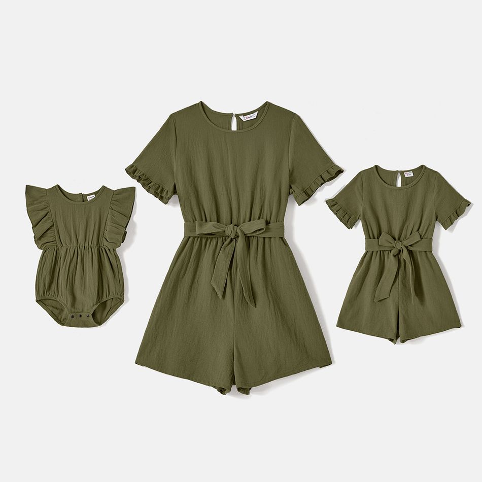 Mommy and Me 100% Cotton Solid Short-sleeve Belted Rompers Army green big image 1