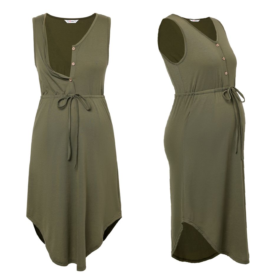 Nursing Button Front Lace Up Tank Dress Army green big image 2