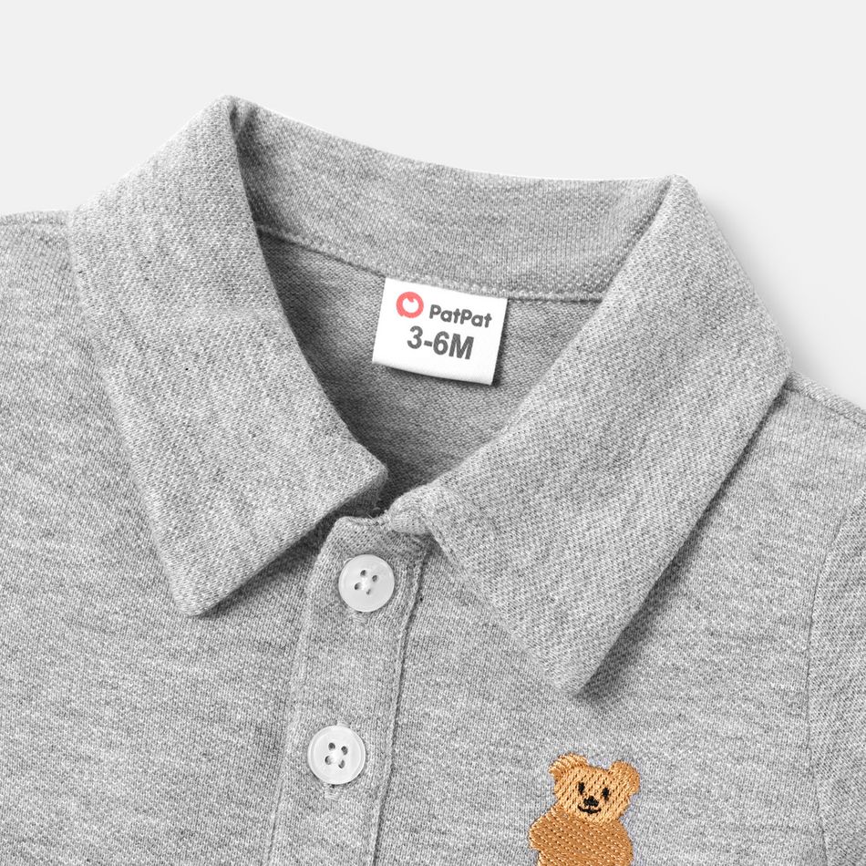 Baby Boy 100% Cotton Bear Embroidered Polo Collar Short-sleeve Pique Rompers Grey big image 2