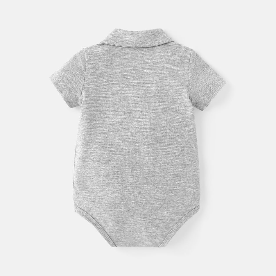 Baby Boy 100% Cotton Bear Embroidered Polo Collar Short-sleeve Pique Rompers Grey big image 4