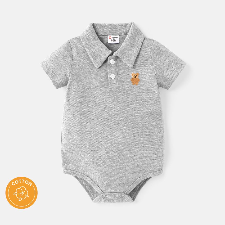 Baby Boy 100% Cotton Bear Embroidered Polo Collar Short-sleeve Pique Rompers Grey