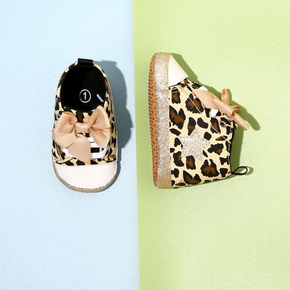 Baby / Toddler Bow & Glitter Decor Leopard Pattern Prewalker Shoes Brown big image 2