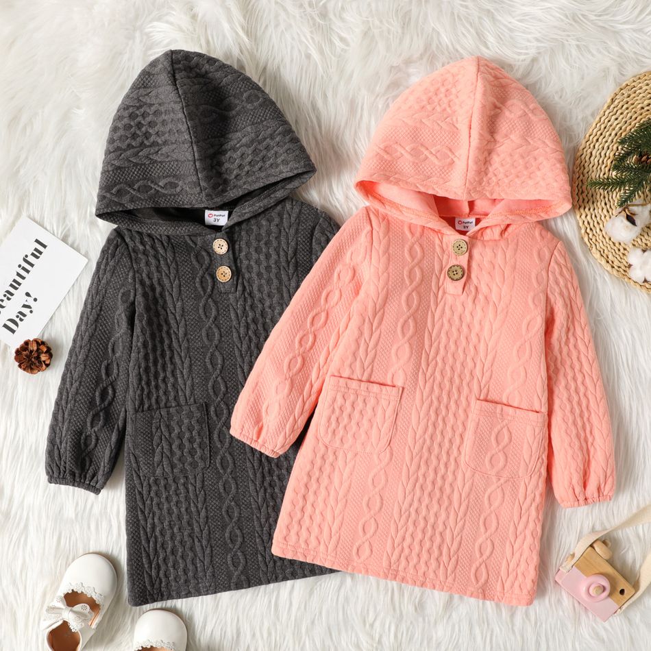 Toddler Girl Button Design Cable Knit Textured Hooded Dress Pink big image 2
