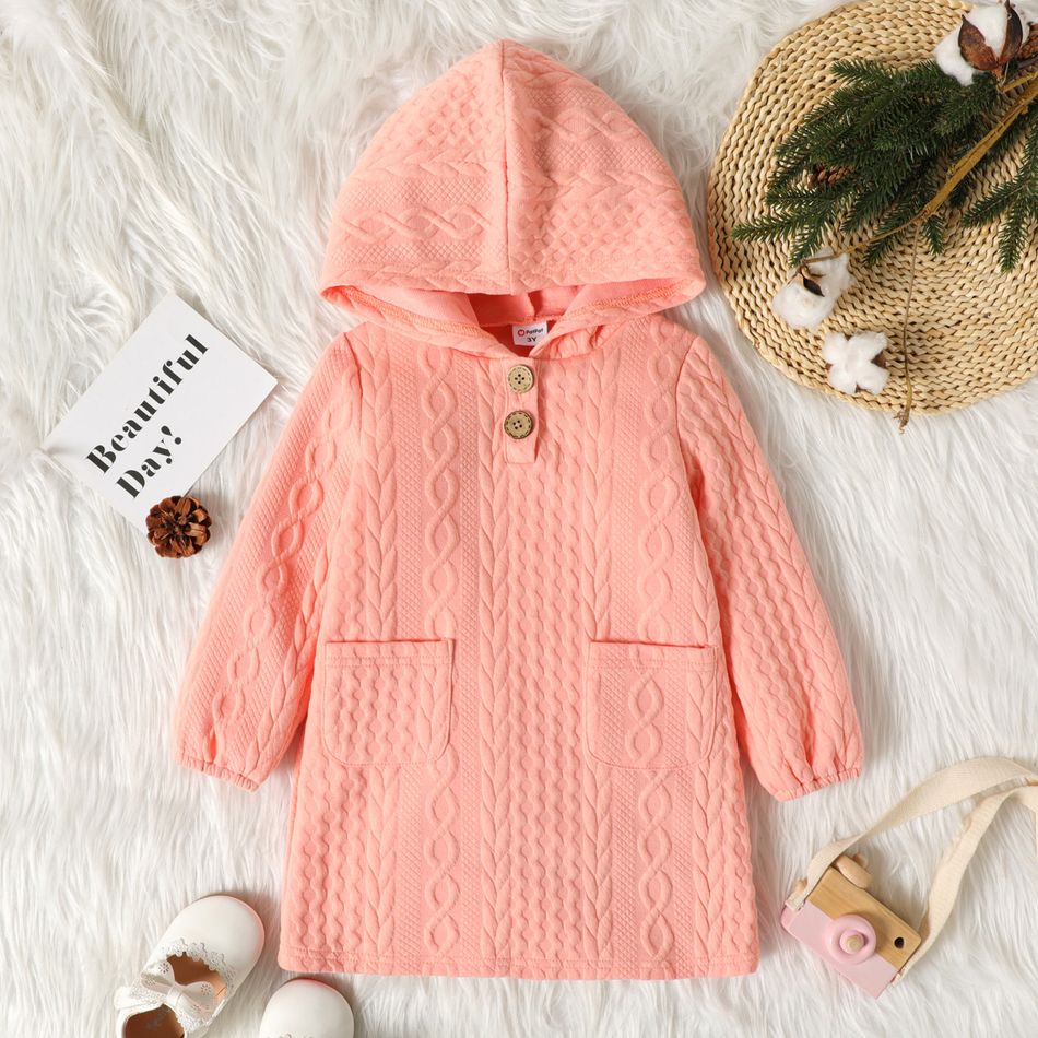 Toddler Girl Button Design Cable Knit Textured Hooded Dress Pink